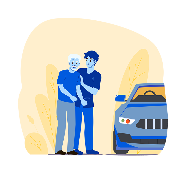 Mobility care illustration showing support services and assistance for seniors with walking aids and physical movement needs